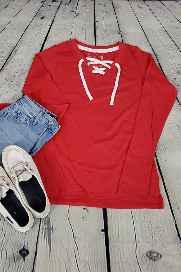 Do Good Lace-Up Long Sleeve Tee (red)